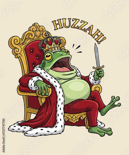 Funny Cartoon Frog King on Throne with Sword Yelling Huzzah Illustration