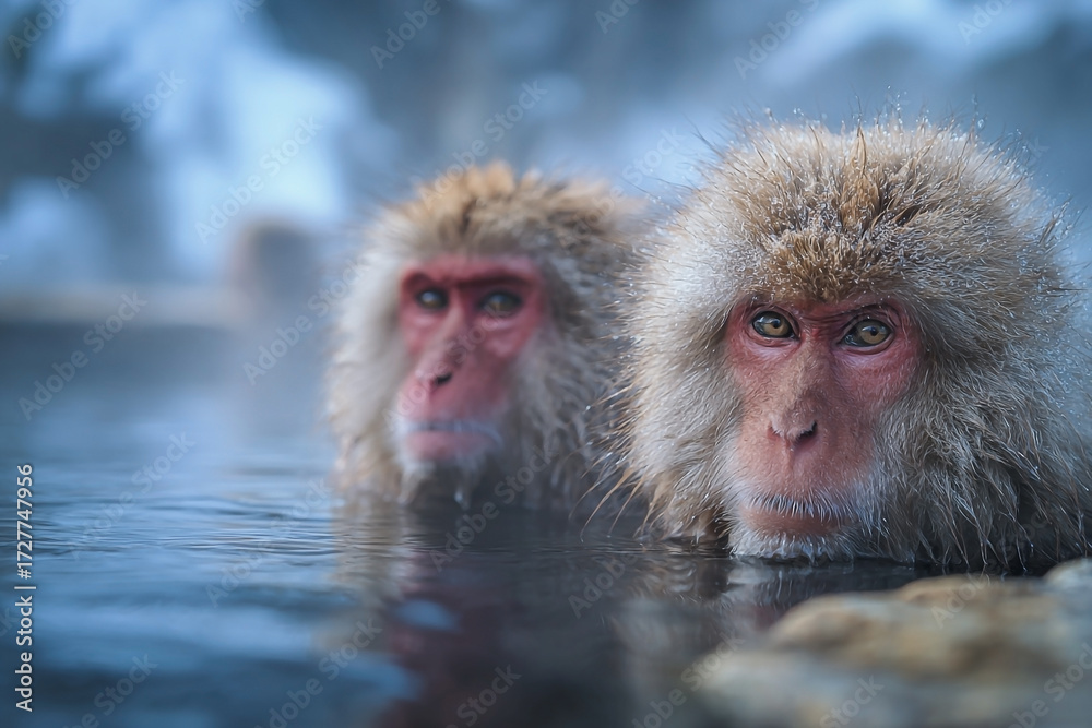 Naklejka premium Two snow monkeys relaxing in a hot spring