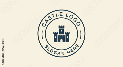 A circular emblem featuring a dark blue silhouette of a medieval castle, with text "CASTLE LOGO" and "SLOGAN HERE" encircling the central illustration.