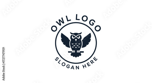 Minimalist graphic logo featuring a stylized dark owl with outstretched wings perched on a branch within a circular frame, with 'OWL LOGO' and 'SLOGAN HERE' text.