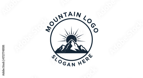 A minimalist circular logo featuring a stylized mountain range with a radiant sun rising behind the peaks, enclosed within a dark blue outline and text place...