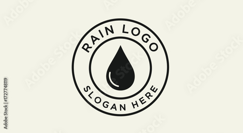 Minimalist logo featuring a stylized raindrop inside a circle with text "RAIN LOGO" and "SLOGAN HERE" around it.