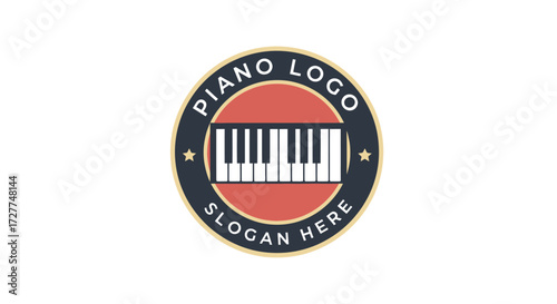 Vintage logo design featuring a piano keyboard in a circular emblem.