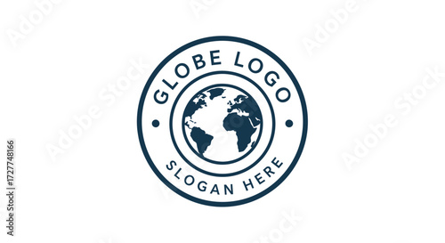 A minimalist circular logo featuring a stylized blue and white globe icon with placeholder text for "GLOBE LOGO" and "SLOGAN HERE" on a white background.
