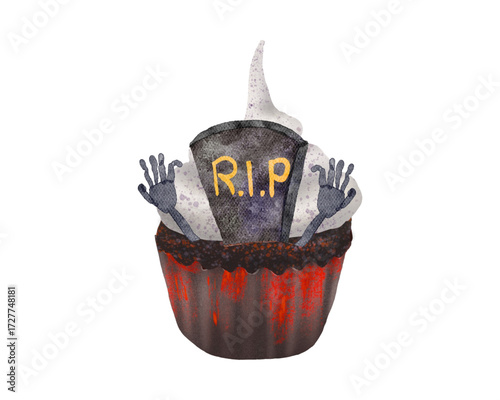 Spooky Halloween graveyard cupcake with tombstone and hands popping out, perfect for seasonal treats and decorations