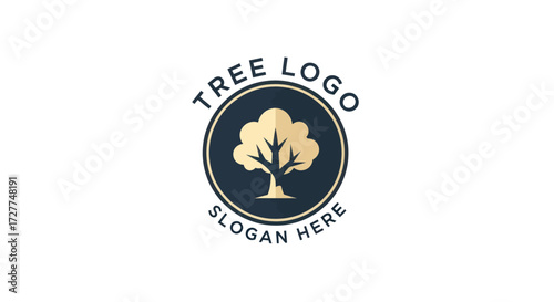 Elegant circular logo featuring a stylized golden tree silhouette against a dark blue textured background, with "TREE LOGO" and "SLOGAN HERE" text.