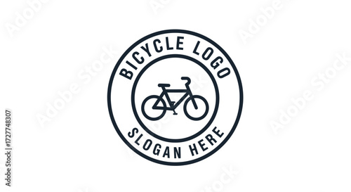A minimalist circular logo template featuring a bicycle icon with placeholder text for a brand name and slogan.