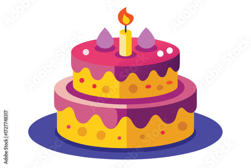 Two tiered cake with pink frosting and burning candle rests on plate