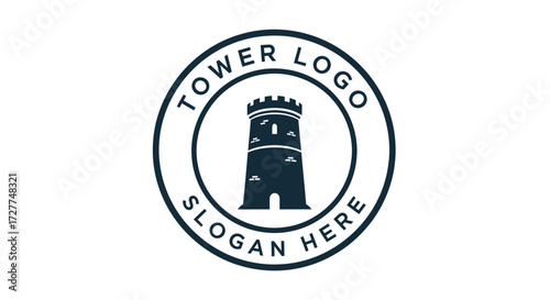 A dark silhouette of a medieval tower is centrally featured within a circular emblem, with the words "TOWER LOGO" and "SLOGAN HERE" inscribed around it.