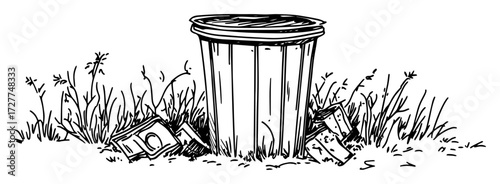 trash can with litter in the grass