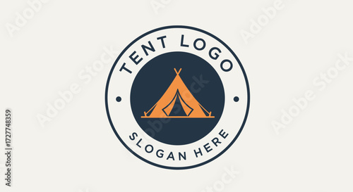 A circular logo featuring an orange camping tent illustration on a dark blue background, with 'TENT LOGO' and 'SLOGAN HERE' text.