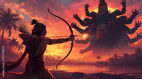 Ramayana-Inspired Archer Confronting Multi-Headed Ravana