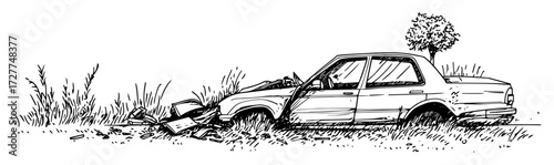 abandoned broken car in grass sketch