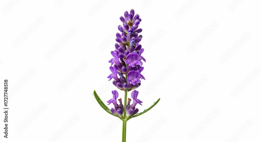 Obraz premium Lavender's Embrace: A single, captivating lavender flower head, its vibrant purple hue against a pristine, clean backdrop. Experience the soothing beauty of nature with this botanical image.