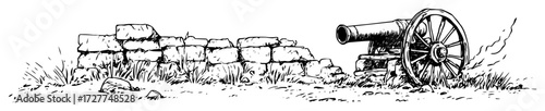 vintage cannon by stone wall sketch