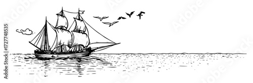 sailing ship on sea hand drawn sketch