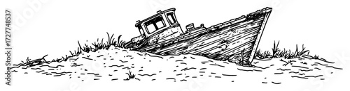 abandoned wooden boat on shore sketch