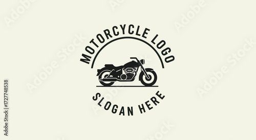 Classic motorcycle silhouette featured in a circular emblem with text for "Motorcycle Logo" and "Slogan Here," representing a brand or identity.