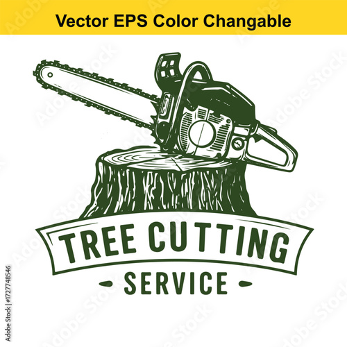 Vector art of chainsaw on tree stump for tree cutting service