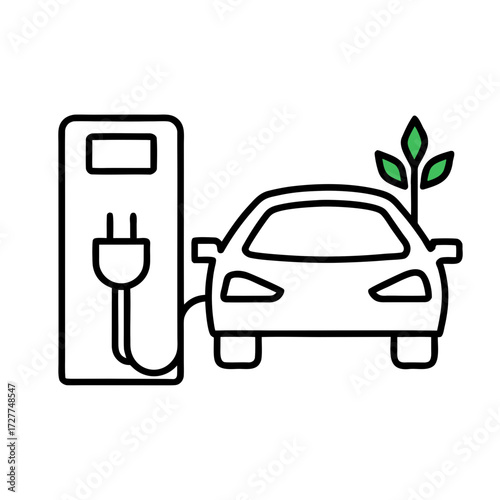 Electric car charging at station with green plant illustration  