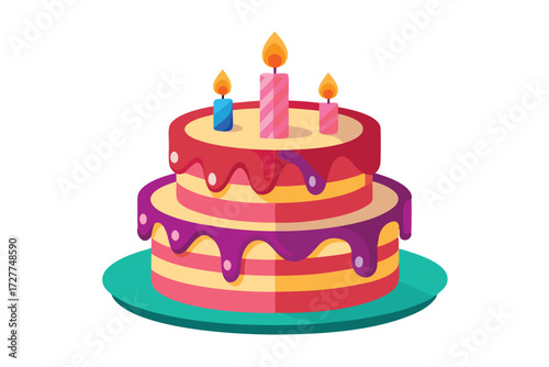 Delicious two layered cake adorned with candles rests on a teal plate