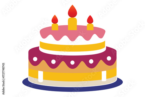 Two tiered cake topped with pink frosting and burning candles sits beautifully against white