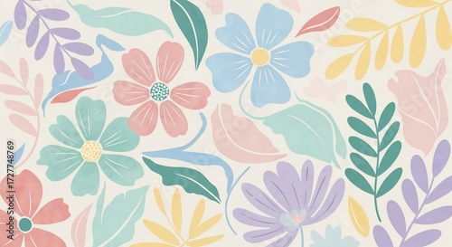 Wallpaper Mural Floral Fantasy: A whimsical array of pastel-hued flowers and foliage creates a soft, joyful botanical arrangement, perfect for artistic or decorative purposes. Torontodigital.ca