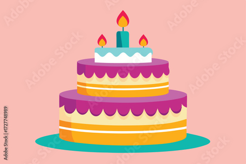 Two layered cake adorned with vibrant frosting and lit candles sits against pink backdrop