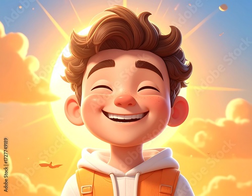 Cartoon boy smiling in sunlit clouds