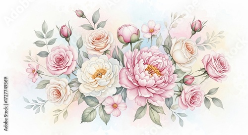 Watercolor floral arrangement: Soft, delicate watercolor rendering of a floral arrangement featuring roses and other elegant blooms in a stunning display of natural beauty.