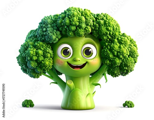 Cartoon broccoli character, cheerful expression