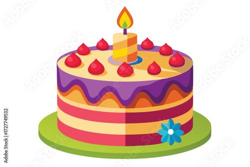 Colorful cake stands on a green plate with a lit candle on top