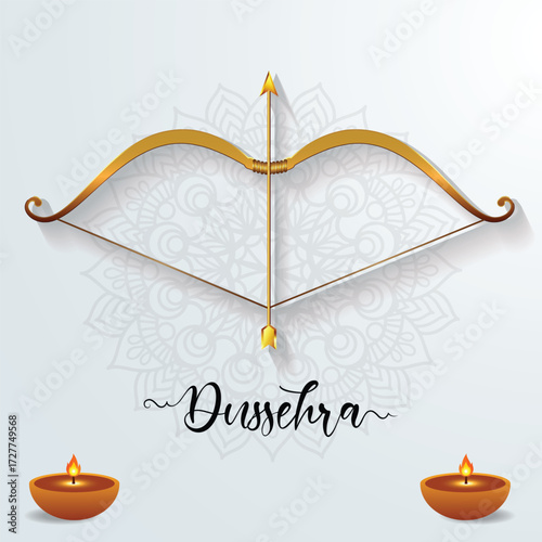 Elegant Golden Bow And Arrow With Dussehra Theme, Mandala Backdrop, And Diya Lamps