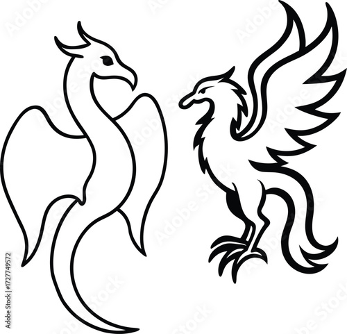 fantasy dragon and phoenix facing each other illustration on transparent background