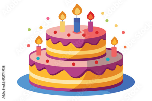 Colorful two tiered cake displays bright burning candles with cheerful sprinkles surrounding the decoration