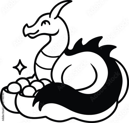 fantasy dragon curled around treasure illustration on transparent background
