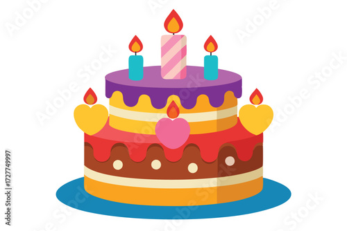 Two tiered cake is adorned with candles and heart shapes on blue stand
