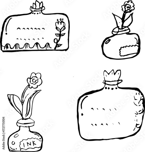 Hand Drawn Ink Bottles with Flowers – Vintage Doodle Sketch Set