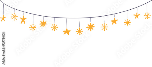 Christmas bunting, decoration, stars, snowflakes garland isolated on transparent. Hand drawn flat vector illustration. Traditional holiday, Xmas, New Year, seasonal design element, clip art