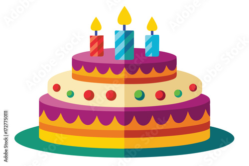 Colorful three tiered cake rests on the green plate adorned with vivid candles