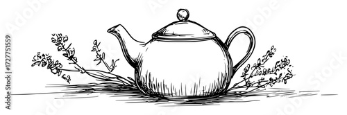 vintage teapot with herbs illustration