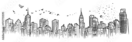 city skyline with birds flying above