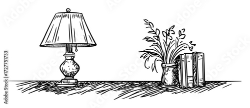 table lamp with books and plant drawing