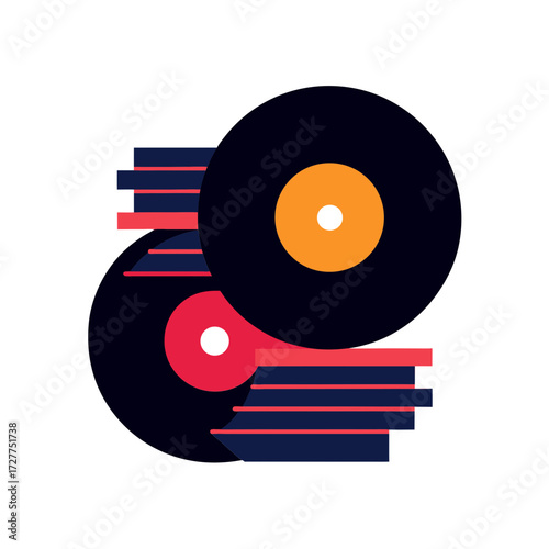 Stylized vinyl records stacked with a black background for a retro music theme