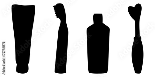 A black mascara brush rests beside a glass bottle of red wine, both isolated on a white background