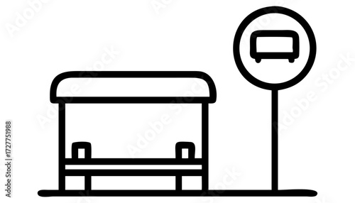A vector illustration of a bus stop with a bus and a car icon for transport design