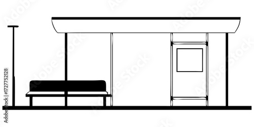 The design of this office interior features a modern blank frame on the wall and black and white furniture
