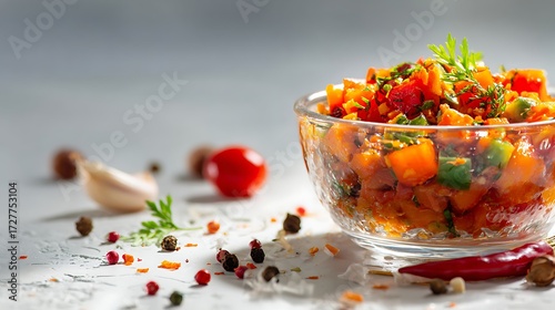 Chakalaka isolated in a transparent bowl on white table, spicy salad with colorful vegetables, orange light highlighting freshness