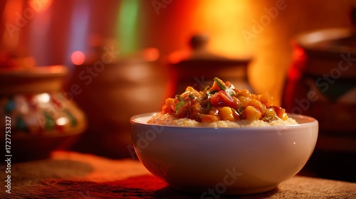 South African Pap served isolated in a white bowl, maize porridge topped with colorful Chakalaka, red and green light emphasizing hues