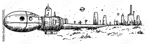 futuristic spaceship over alien city landscape